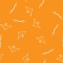 Obraz premium Bat and teeth seamless Halloween outline in the abstract style. Black bat and teeth seamless Halloween outline on orange background. Holiday decoration. Line vector. Doodle wallpaper. Wildlife set