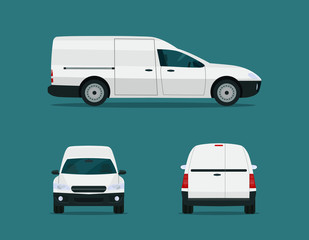 Compact cargo van set. Сargo van with side, front and back view. Vector flat style illustration.