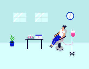 Blood transfusion station. Flat isometric vector illustration on white background. The donor girl in the chair, on the table tubes with blood and carrying bag, laboratory tests.