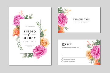 Wedding card set template with floral frame watercolor