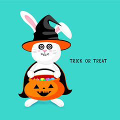 Cute cartoon white rabbit in witch suit. Happy Halloween day. Cartoon character design. Illustration isolated on green background for banner, poster, greeting card.
