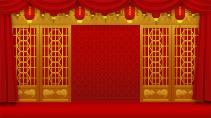 Red curtains stage backdrop.Happy chinese new year 2020 .Red curtains with gold door graphics design art highly detailed in chinese style.Year of rat (Chinese translation : Happy new year)