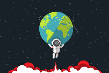 Flat design, Astronaut carrying Earth on his shoulder and below has jet engine red smoke, Vector illustration, Infographic Element