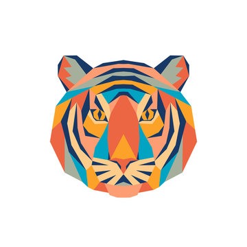 Geometric polygonal tiger. Abstract colorful animal head. Vector illustration.	