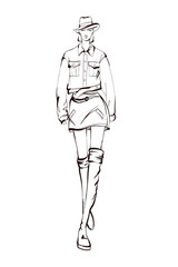 Obraz premium Beautiful young women. Hand drawn fashion girls of black lines on white background. Fashion model posing. Sketch. Vector illustration.