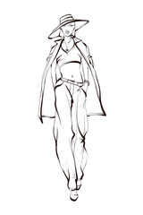 Beautiful young women. Hand drawn fashion girls of black lines on white background. Fashion model posing. Sketch. Vector illustration.