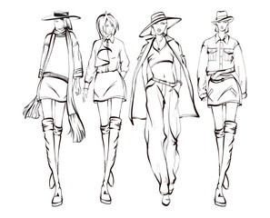 Beautiful young womens. Hand drawn fashion girls. Fashion model posing. Sketch. Vector illustration set.