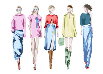 Beautiful young womens. Hand drawn fashion girls. Fashion model posing. Sketch. Vector illustration set.