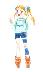 Illustration color drawing of watercolor manga girl in clothes on a white isolated background.
