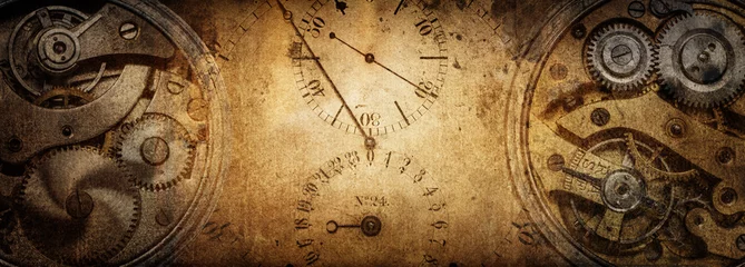  De wijzerplaten van de oude antieke klassieke klokken op een vintage papieren achtergrond. Concept van tijd, geschiedenis, wetenschap, geheugen, informatie. Retro stijl. Uitstekende uurwerkachtergrond. © Tryfonov