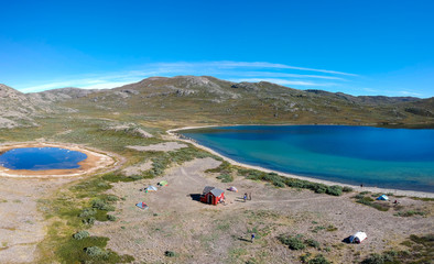 Aerial view of Katiffik Hut and Amitsorsuaq Lake on the Arctic Circle Trail, Greenland