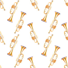 Fototapeta na wymiar A seamless pattern with hand drawn music instruments on a watercolor background texture.
