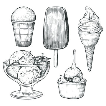 Sketch ink graphic ice cream set illustration, draft silhouette drawing, black on white line art. Delicious vintage etching food design.