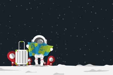Flat design, Astronaut holding map paper with luggage and Location Check in sign,Vector illustration, Infographic Element, Travel concept