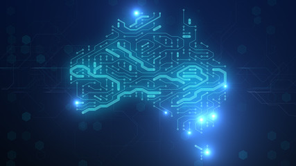 Conceptual 3D render of Australia circuit board nbn broadband internet network of fiber telecommunications bigdata infrastructure connectivity of the future