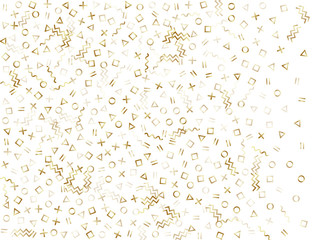 Memphis style geometric confetti vector background of triangle circle square shapes, chevron wavy lines.