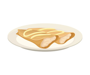 Two pancakes in the shape of a roll with a white filling. Vector illustration on white background.