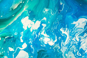 Fototapeta na wymiar abstract blue paint acrylic pattern texture like marble background, hand painted art marbling like ocean or blue sky