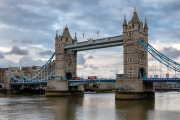 Fototapeta na wymiar London Tower Bridge in evening with dramatic sky, London UK.