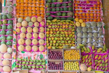 Colorful organic fruits in the street market. Healthy food. Sharm el Sheikh, Egypt