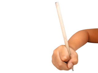 Girl child hand holding pencil on white background