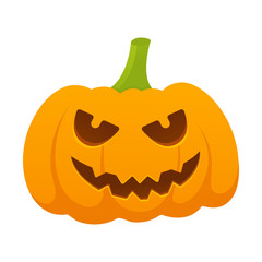 Fototapeta premium Orange halloween pumpkin with scary face expression grimace flat style design vector illustration isolated on white background.