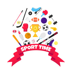 Naklejka premium Sport time flat style design equipment poster vector illustration with balls - soccer, football, basketball. Cup goblet tennis and ping pong racket, big red ribbon and text space isolated on white.