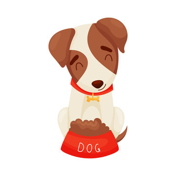 Cute puppy next to a bowl. Vector illustration on white background.