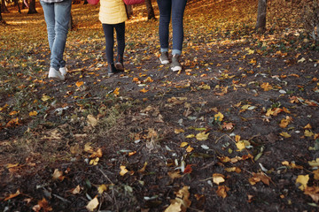 Fall family leisure. Cropped back view of parents walking with their child in nature park. Fallen leaves on ground.