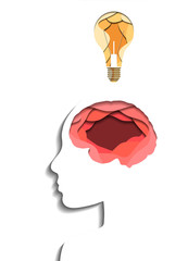 Layered human profile, brain and light bulb cut out of paper on white background. Paper cut origami. Idea and education. Vector 3d illustration for article, banner and your design