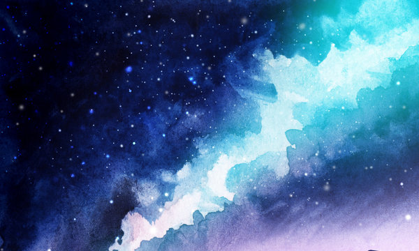 Night. The infinite deep starry sky, the Milky Way. Northern Lights Pink and blue streams of light. Mystical boundless universe. Hand-drawn watercolor background illustration.