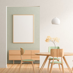 Mock up poster frame in Scandinavian style dining room with wooden chairs and table.  Minimalist dining room design. 3D illustration.