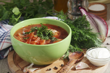 A bowl with traditional Ukrainian borscht