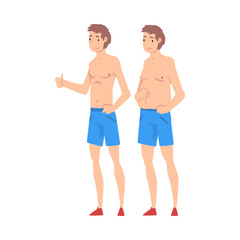 Fototapeta na wymiar Fat and Slim Man in Shorts, Guy Before and After Weight Loss, Male Body Changing Through Healthy Nutrition or Sports Vector Illustration