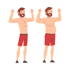 Fat and Slim Man, Bearded Man Before and After Weight Loss, Male Body Changing Through Healthy Nutrition or Sports Vector Illustration