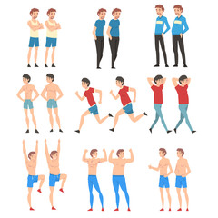 Obraz premium Men Before and After Weight Loss Set, Guys Changing Through Healthy Nutrition or Sports Vector Illustration