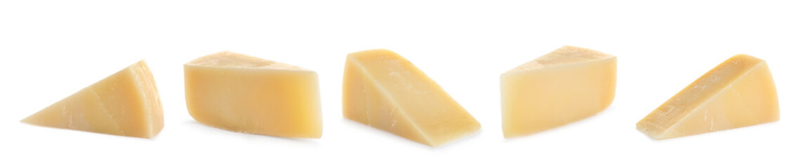 Set of delicious cheese on white background. Banner design