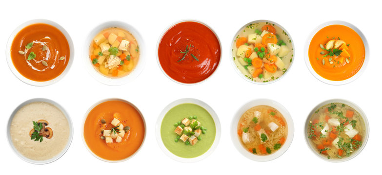 Fresh vegetable detox soup with croutons in dish on white background