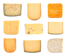 Set of different delicious cheeses on white background