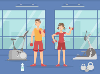 Athletic Man and Woman Exercising with Dumbbells, Sport Gym Interior with Workout Equipment Vector Illustration