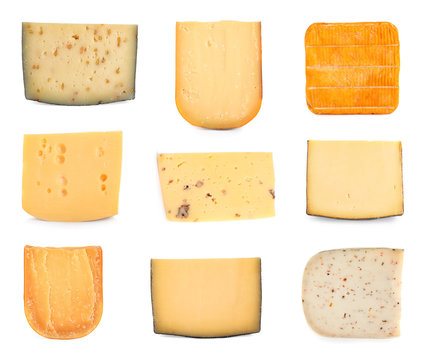 Set of different delicious cheeses on white background