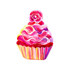 Watercolor, bright, cake, and sweets. Raspberry and blueberry muffins. Multi-colored marshmallows. Watercolor illustration. Objects isolated on white background.