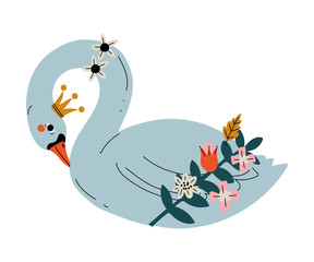Beautiful Swan Princess with Golden Crown, Lovely Fairytale Bird with Flowers Vector Illustration