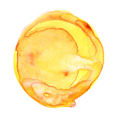 Watercolor sun isolated on white background. Sunset or rising sun illustration. Fire, tropical, flame colors round shape with watercolour stains. Orange, red and yellow circle with uneven edges.