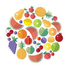 Vector set of icons with fruits and berries. Flat vector. Pear, Apple, pineapple, pomegranate, plum, apricot, grape, strawberry, watermelon, lime, lemon, orange, currant. fruit icons