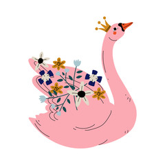 Beautiful Pink Swan Princess with Golden Crown and Flowers, Lovely Fairytale Bird Queen Vector Illustration © topvectors