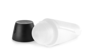 Open plastic deodorant container on white background