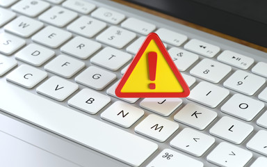 Warning,warning sign on the keyboard of a latop, 3d rendering,conceptual image. danger and error concepts.
