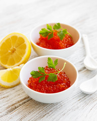 Red caviar in bowls