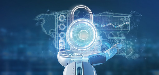 Cyborg hand holding a Padlock security technology interface 3d rendering